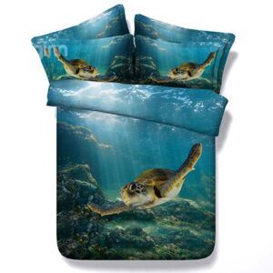 Happy Swimming Turtle Blue Ocean Print 5-Piece Comforter Sets