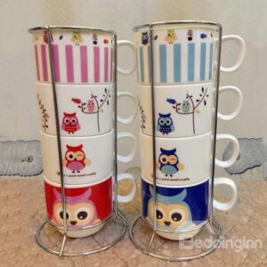Cartoon Owl Pattern 4-Piece Ceramic Coffee Mug Sets