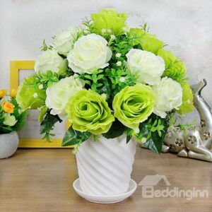 Gorgeous 18pcs French Roses with Ceramic Vase Artificial Flower Sets