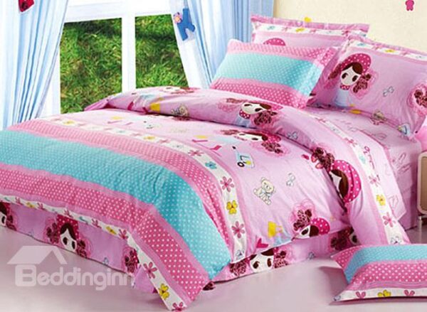 Sweet Girls and Polka Dot Pattern Kids Cotton Duvet Cover Sets