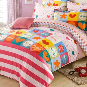 Colorful Plaid and Stripes Pattern 100% Cotton Kids 4-Piece Duvet Cover Set
