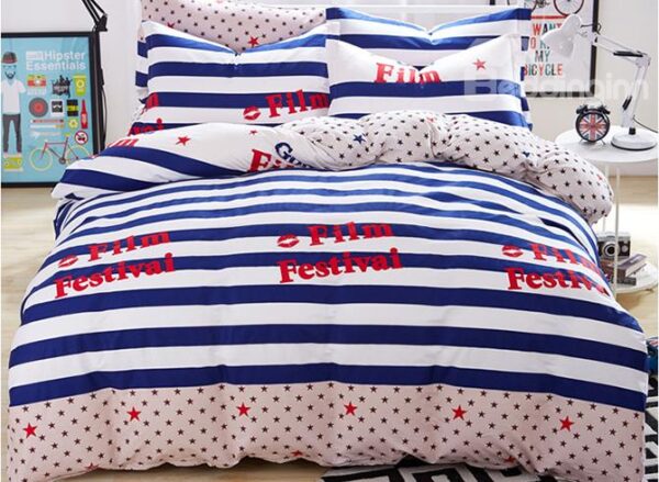 Stripes Pattern and Cute Letters Print Kids 100% Cotton Duvet Cover Set