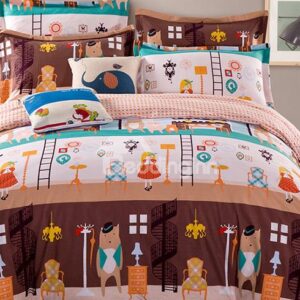 Super Cute Bear and Girls Pattern Kids 100% Cotton Duvet Cover Set