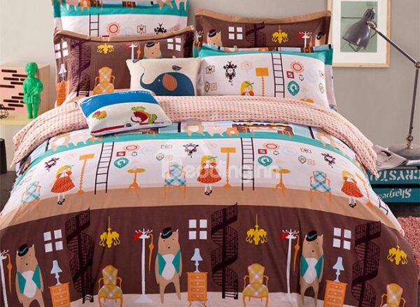 Super Cute Bear and Girls Pattern Kids 100% Cotton Duvet Cover Set