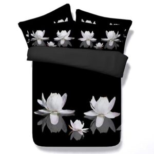 Graceful White Water Lily Print Black 5-Piece Comforter Sets