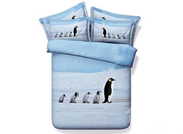 A Group of Cute Penguins Print Light Blue 5-Piece Comforter Sets