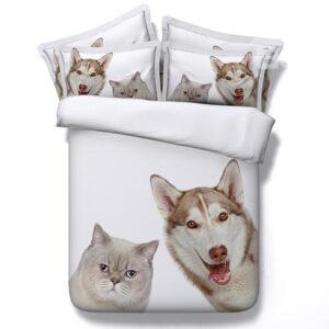 Adorable Cat and Dog Print White 5-Piece Comforter Sets