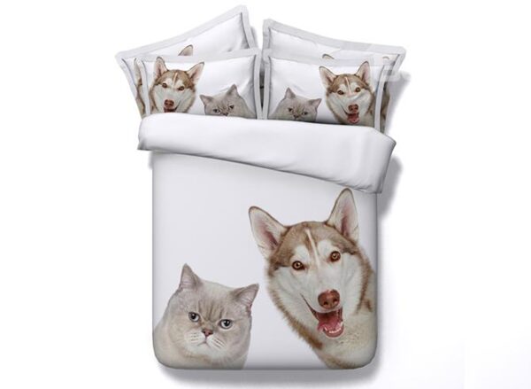 Adorable Cat and Dog Print White 5-Piece Comforter Sets