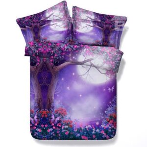 Dreamlike Moonlight Tree Flowers Print Purple 5-Piece Comforter Sets