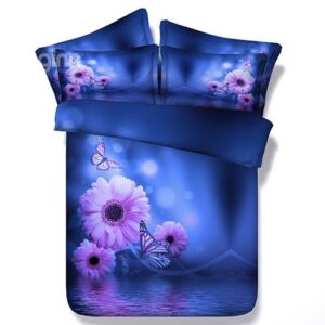Butterflies and Daisy Print Blue 4-Piece Duvet Cover Sets