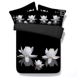 White Water Lily Print Black 4-Piece Duvet Cover Sets