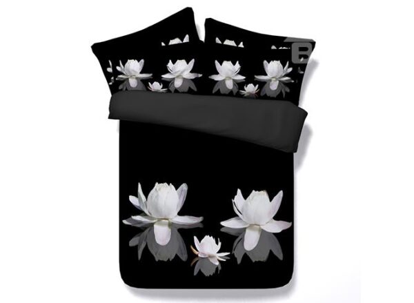 White Water Lily Print Black 4-Piece Duvet Cover Sets