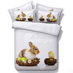 Cute Rabbit and Chick Print White 4-Piece Duvet Cover Sets