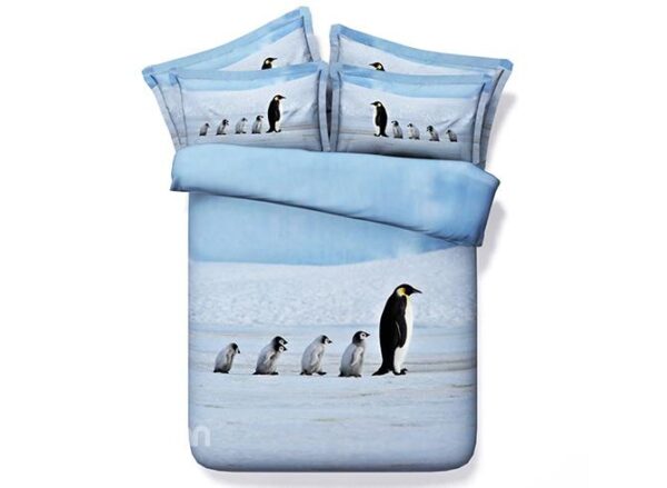 A Group of Penguins Print Light Blue 4-Piece Duvet Cover Sets