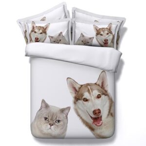 Lovely Cat and Dog Print White 4-Piece Duvet Cover Sets