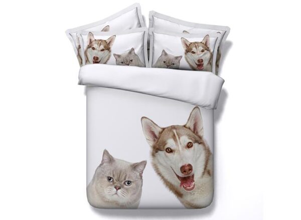 Lovely Cat and Dog Print White 4-Piece Duvet Cover Sets