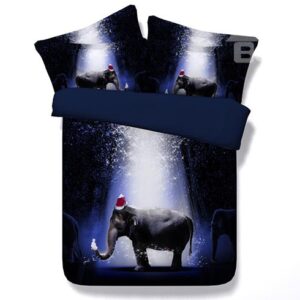 Cute 3D Elephant Print Dark Blue 4-Piece Duvet Cover Sets