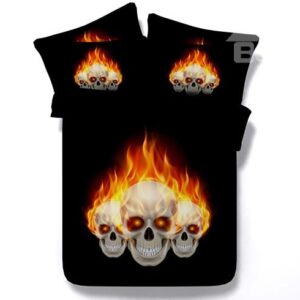 Fiery Skull Print Black 4-Piece Duvet Cover Sets