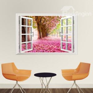 Gorgeous Window View Sakura Trees and Sakura Petals Removable 3D Wall Stickers
