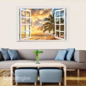 Popular Window View Palm Tree in Sunset Beach Removable 3D Wall Stickers