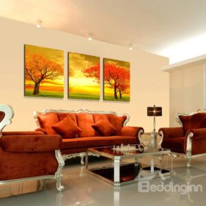 Fascinating Red Leaf Trees in Golden Sunset 3-Panel Canvas Wall Art Prints