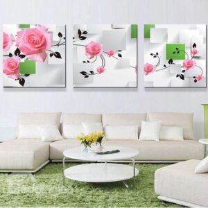 Romantic Pink Roses 3-Panel Canvas Wall Art Prints
