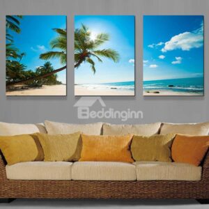 Wonderful Blue Sky and Paml Tree Beach 3-Panel Canvas Wall Art Prints