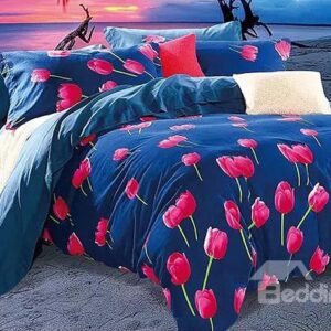 Vibrant Red Tulips Print Blue 4-Piece Cotton Duvet Cover Sets