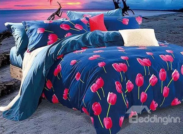 Vibrant Red Tulips Print Blue 4-Piece Cotton Duvet Cover Sets