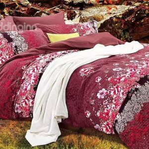 100% Cotton Pretty Small Flowers Red 4-Piece Duvet Cover Sets