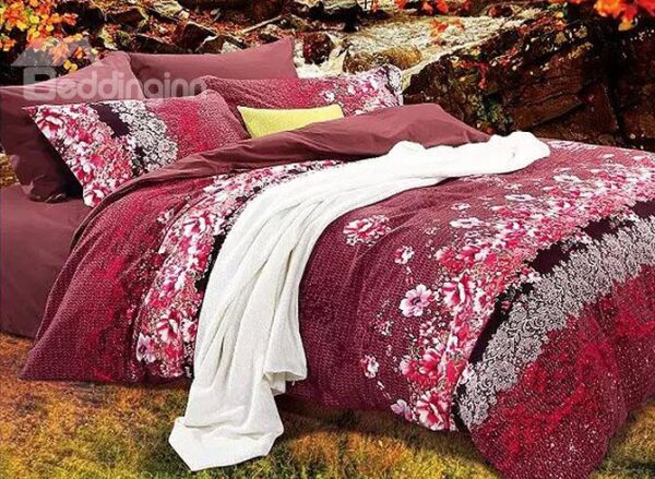 100% Cotton Pretty Small Flowers Red 4-Piece Duvet Cover Sets