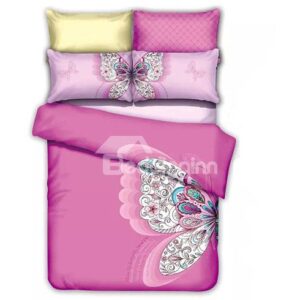 Beautiful Butterfly Print Pink Cotton 4-Piece Duvet Cover Sets