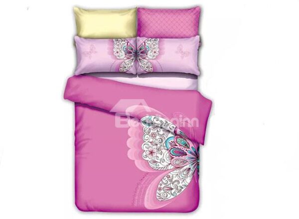 Beautiful Butterfly Print Pink Cotton 4-Piece Duvet Cover Sets