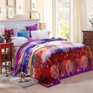 Elegant Colorful Trees Printed Flannel Bed Blanket for All Seasons