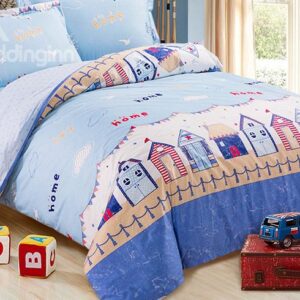 Bright Blue Nice House Print Cotton Kids 3-Piece Duvet Cover Sets