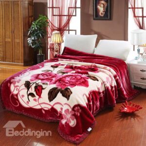 Classy Well-made Raschel Blanket with Red Floral Design