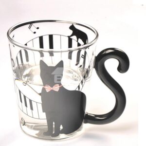 Unique Creative 3D Black Cat and Piano Keys Glass Cup