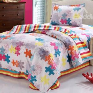 Amazing Puzzle Print Stripes Pattern Purified Cotton Kids 3-Piece Duvet Cover Sets
