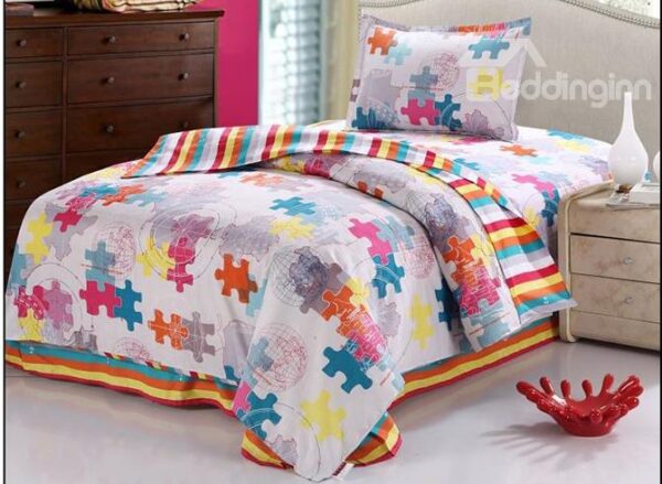Amazing Puzzle Print Stripes Pattern Purified Cotton Kids 3-Piece Duvet Cover Sets