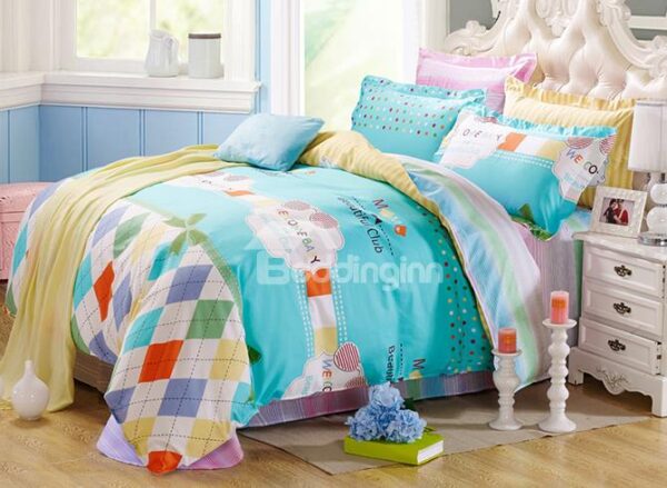 Trendy Plaid snad Letters Pattern Kids Cotton 4-Piece Duvet Cover Sets
