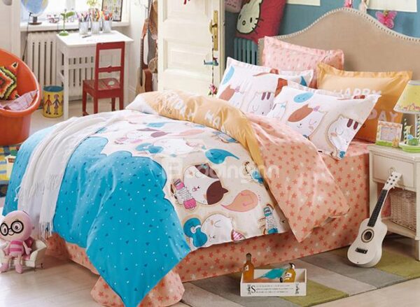 Lovely Cats Singing Print 100% Cotton Girls 4-Piece Duvet Cover Sets