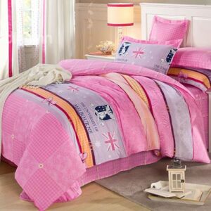 Sweet Pink Plaid Pattern 100% Cotton Girls 4-Piece Duvet Cover Sets