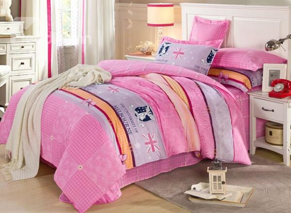 Sweet Pink Plaid Pattern 100% Cotton Girls 4-Piece Duvet Cover Sets