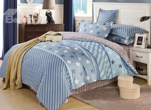 Stars and Stripes Pattern 100% Cotton Boys 4-Piece Duvet Cover Sets