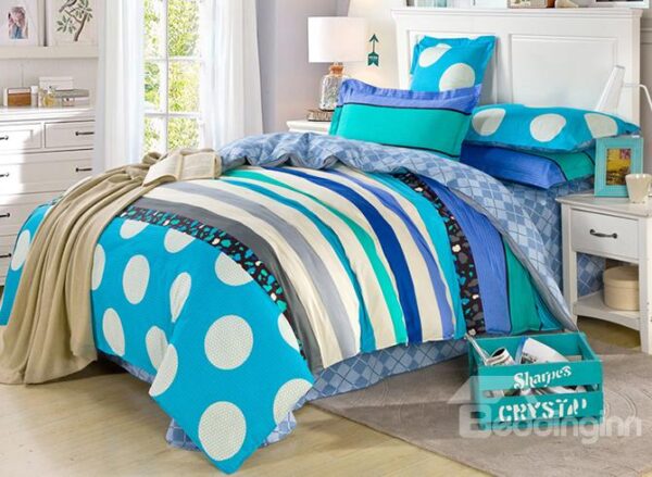 Refreshing Blue Stripes Pattern 100% Cotton Boys 4-Piece Duvet Cover Sets