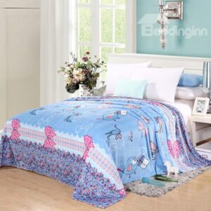Bowknot Printed Princess Style Blue Flannel Blanket