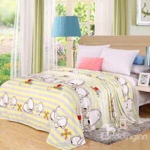 Cartoon White Puppies Stripes Print Flannel Blanket