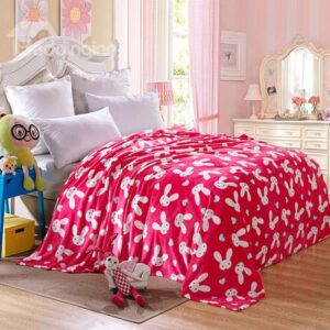 Cartoon White Rabbits Print Rosy Flannel Blanket