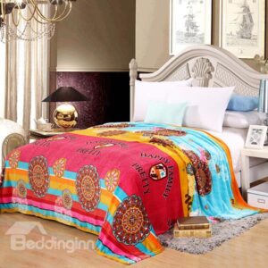Ethnic Style Flowers Print Flannel Bed Blanket