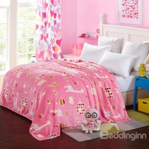 Adorable Cartoon Animals Print Pink Flannel Blanket